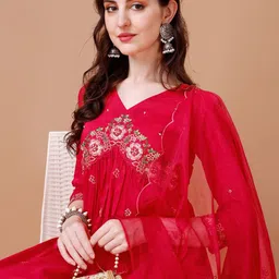 KALINI Floral Embroidered Empire A-Line Thread Work Kurta with Trousers & Dupatta image 2