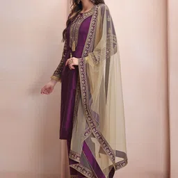 Inddus Purple Ethnic Motifs Embroidered Kurta & Trousers With Dupatta image 4