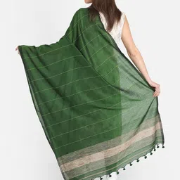 THE WEAVE TRAVELLER Women Green Striped Dupatta image 4