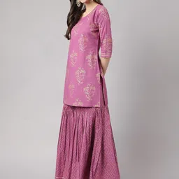 Divena Women Pink Bandhani Printed Gotta Patti Pure Cotton Kurti with Sharara & With Dupatta image 5