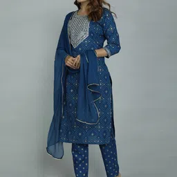 gvs shoppe Women Blue Ethnic Motifs Printed Kurta with Trousers & With Dupatta image 5