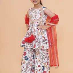 Modish Couture Girls Floral Printed Zari Anarkali Kurta With Sharara And Dupatta image 5