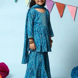 Biba Girls Floral Printed A-Line Pleated Pure Cotton Kurta With Sharara & Dupatta image 3