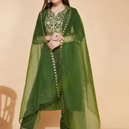 KALINI Floral Thread Work Notch Neck Bell Sleeves Yoke Design Kurti With Pant & Dupatta image 5