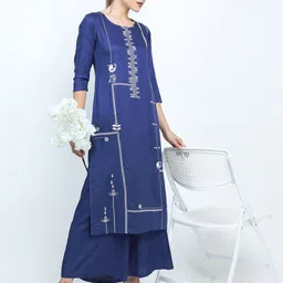 Vishudh Women Blue Printed Straight Kurta with Palazzo image 3