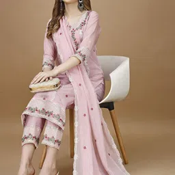 KALINI Floral Embroidered Sequinned Round Neck Straight Kurta with Trousers & With Dupatta image 5