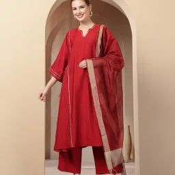 Zelena Cotton Maternity Kurta Pant and Dupatta - Red-picture-34