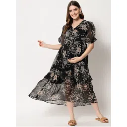Angloindu Black Floral Midi Maternity Dress-image-28