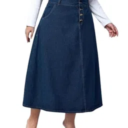 tripursundari fashion Navy Blue Plus Size Buttoned A-Line Maxi Denim Women Skirt image 4