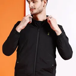 The Indian Garage Co Men Black Colourblocked Crop Outdoor Bomber with Embroidered Jacket-picture-17
