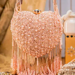 NR BY NIDHI RATHI Peach All-Over Pearl Heart-Shaped Bag Clutch-image-25