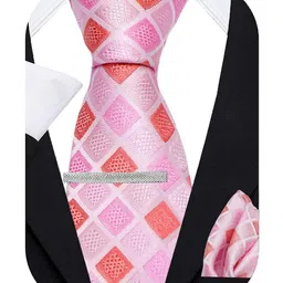 axlon Pink Geometric Checkered Tie For Men – Formal Ties Set With Pocket Square & Tie Pin Clip For Mens, Silk Neckties Gift Sets For Men’s (AXNW47) image 4