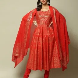 biba Women Printed Anarkali Kurta with Churidar & Dupatta image 1