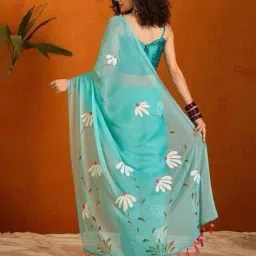 indie picks Floral Print Linen Cotton Saree  image 2