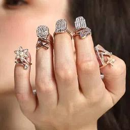 sohi Women Set of 5 Gold-Plated Stone-Studded Nail Rings image 2