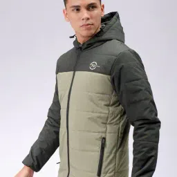 the indian garage co Men Colourblock Slim Fit Hooded Bomber Jacket image 2