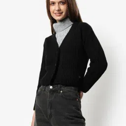 campus sutra Striped Sweater with Button Closure image 2