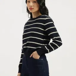 united colors of benetton Women Striped Round-Neck Cotton Pullover image 2