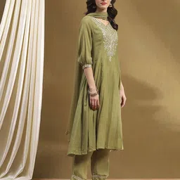 biba Women Embroidered A-Line Kurta with Pants & Dupatta image 2