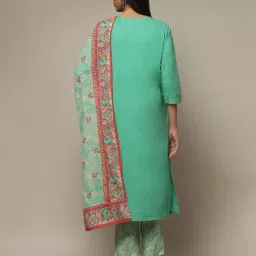biba Women Printed Kalidar A-Line Kurta with Pants & Dupatta image 2