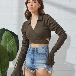 Shein Flounce Sleeve Waist Tie-Up Textured Wrap Crop Top image 2