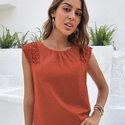 outzidr Women Regular Fit Round-Neck Lace Top image 2