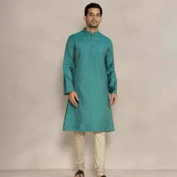 fabindia Men Embroidered Slim Fit Long Kurta with Mandarin Collar image 2