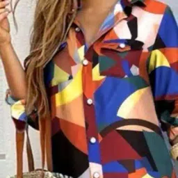 outzidr global Women Printed Shirt Dress with Flap Pockets image 2