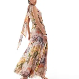 asos design Mesh One-Shoulder Mini Dress with Neck Tie in Blurred Animal Print image 2