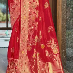 sangam prints Women Floral Woven Saree with Contrast Border image 3