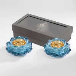 pure home and living Set of 2 Blue Glass Floral Shaped Tealight Holders image 3