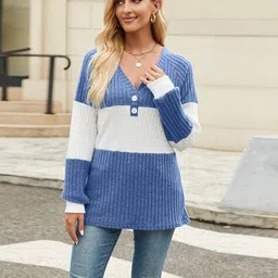 outzidr global Women Colourblock V-Neck Pullover image 3