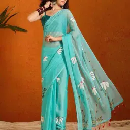 indie picks Floral Print Linen Cotton Saree  image 3