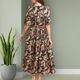 fabflee x ag Women Leaf Print Fit & Flare Dress with Belt image 3