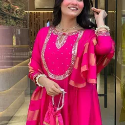 nyrika Women Embroidered Flared Kurta & Pants with Dupatta image 3