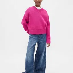 gap kids Novelty Logo Printed Regular Fit Full Sleeves V-Neck Sweater image 3