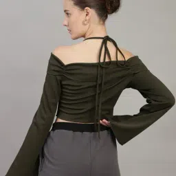 Shein Tie-Up Off Shoulder Bell Sleeve Fitted Ribbed Crop Top image 3