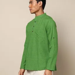 indie picks Checked Woven South Cotton Short Kurta with Roll-Up Sleeves & Side Pocket image 3