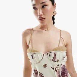 asos design Floral Print Cupped Panelled Linen Midi Pencil Dress with Cut-Out Detail image 3