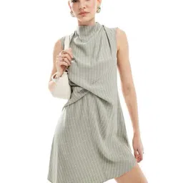 asos design Striped Cowl-Neck Mini Shift Dress with Gathered Waist Detail image 3