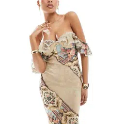 asos design Floral Print Bardot Bias Bodycon Dress with Ruffle and Lace Detail image 3