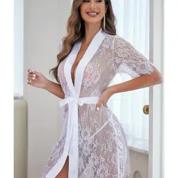 samvar Women Floral Lace Robe with Waist Tie-Up image 4