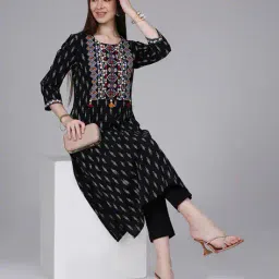 saffron threads Women Ikat A-Line Kurta with Round Neck image 4