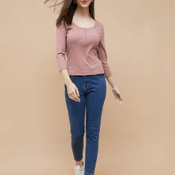 fame forever by lifestyle Women Ribbed Henley-Neck T-Shirt image 4