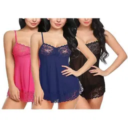 gialon Women Pack of 3 Lace Self-Design Babydoll Nighties image 4