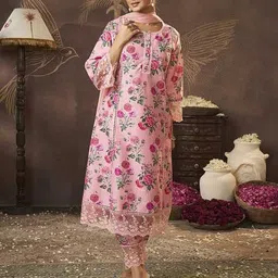 bhama couture Women Floral Print Flared Kurta Set with Dupatta image 5