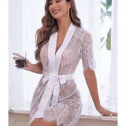 samvar Women Floral Lace Robe with Waist Tie-Up image 5