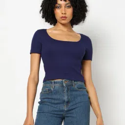 yousta Women Ribbed Regular Fit Scoop-Neck T-Shirt image 5