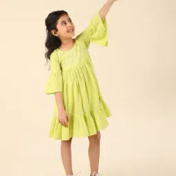 fabindia Girls Embroidered Round-Neck Fit & Flare Dress image 5