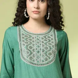 acai Women Patterned Straight Kurta with Embroidered Yoke image 5